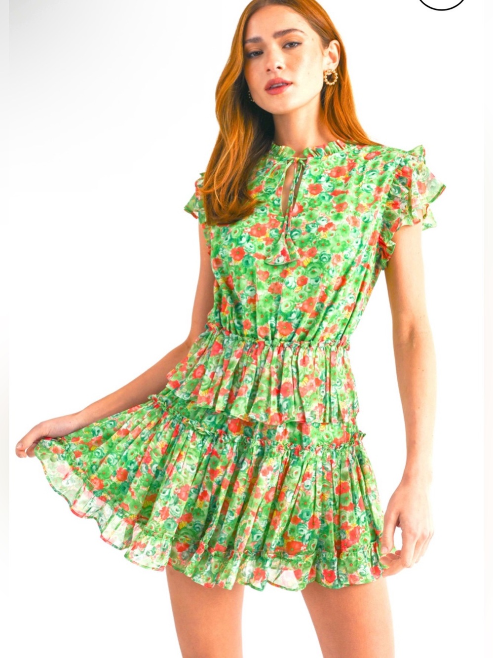 RESET by Jane Joelle Green Floral Ruffle Tiered Keyhole Mini Dress M